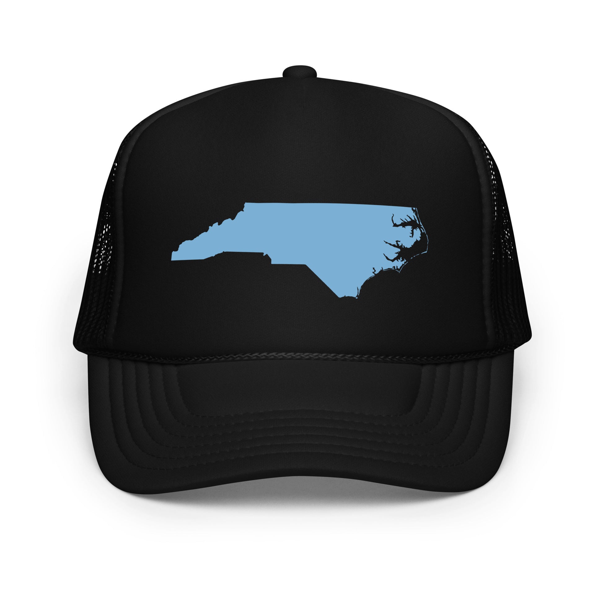 "Black Foam Trucker Hat featuring Baby Blue NC State Shape Design - This stylish trucker hat showcases a baby blue silhouette of North Carolina, set against a sleek black background. Perfect for nature lovers and state pride enthusiasts, the hat offers a modern twist with its breathable foam front and mesh back. Available in multiple colors, this hat is an ideal accessory for any outdoor adventure or casual outing."