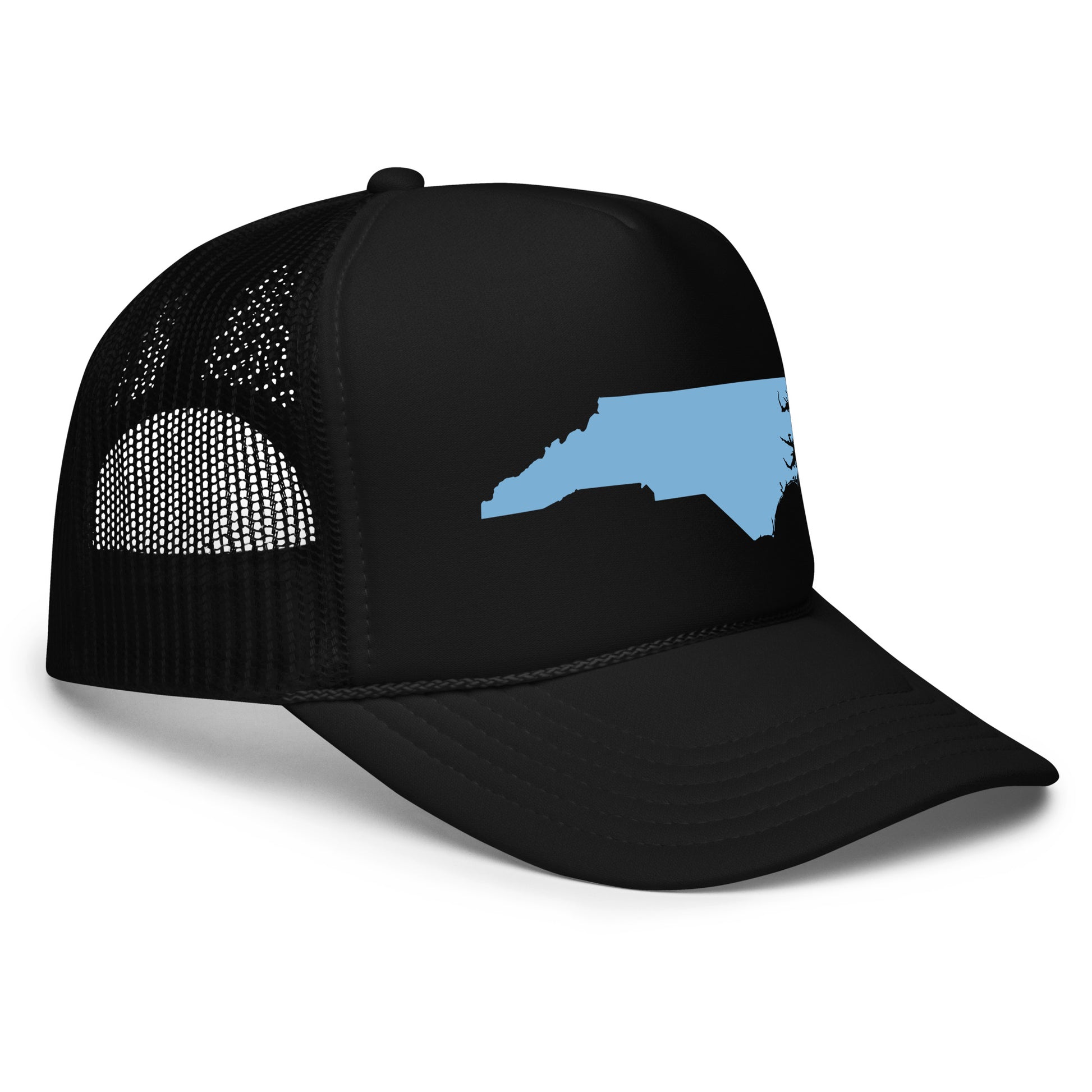 "Black Baby Blue NC State Shape Foam Trucker Hat – Featuring a stylish North Carolina-inspired design, this hat showcases a baby blue silhouette of the state of North Carolina. Perfect for outdoor adventures or everyday wear, this versatile hat combines a classic foam trucker style with a nature-inspired touch, making it an ideal accessory for those who love the Tar Heel State. Available in multiple colors to suit any preference."