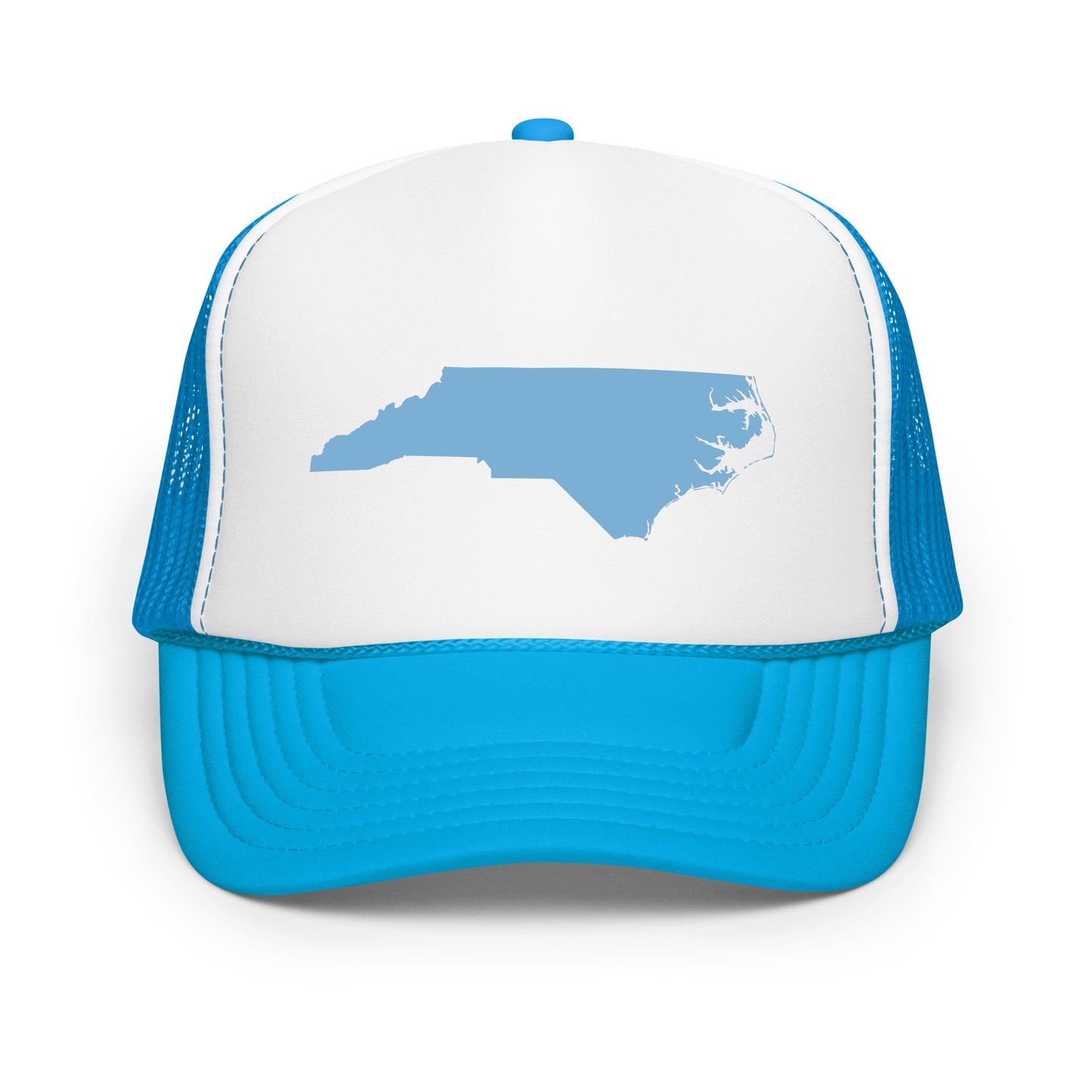 "Black Foam Trucker Hat with Baby Blue NC State Shape Design – This stylish hat features a prominent baby blue outline of North Carolina, offering a sleek and modern look. Perfect for outdoor enthusiasts, the breathable mesh back and adjustable snap closure ensure comfort for all-day wear. Ideal for showcasing state pride or complementing a nature-inspired wardrobe. Available in multiple colors."