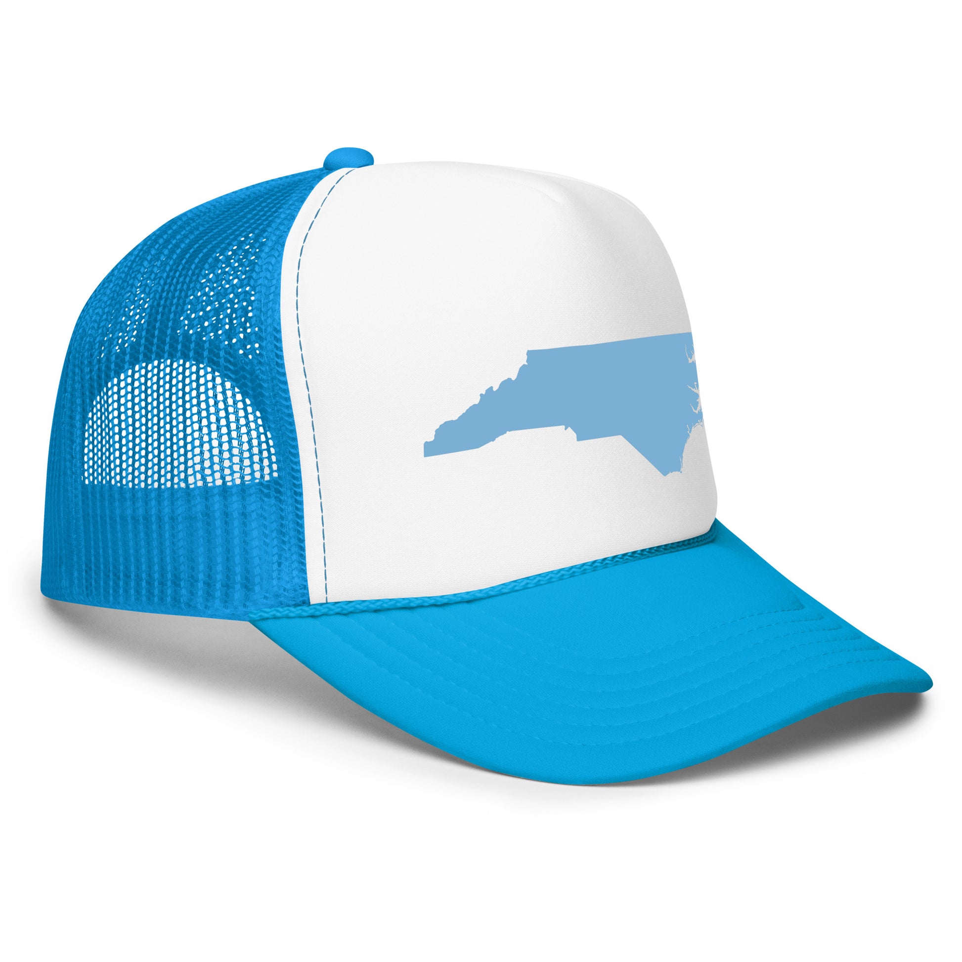"Black Foam Trucker Hat featuring a Baby Blue NC State Shape design, perfect for showcasing your love for North Carolina. This trendy hat offers a comfortable fit and breathable mesh back, ideal for outdoor adventures or casual outings. The nature-inspired design highlights North Carolina's iconic shape, making it a stylish accessory for fans of the Tar Heel State."