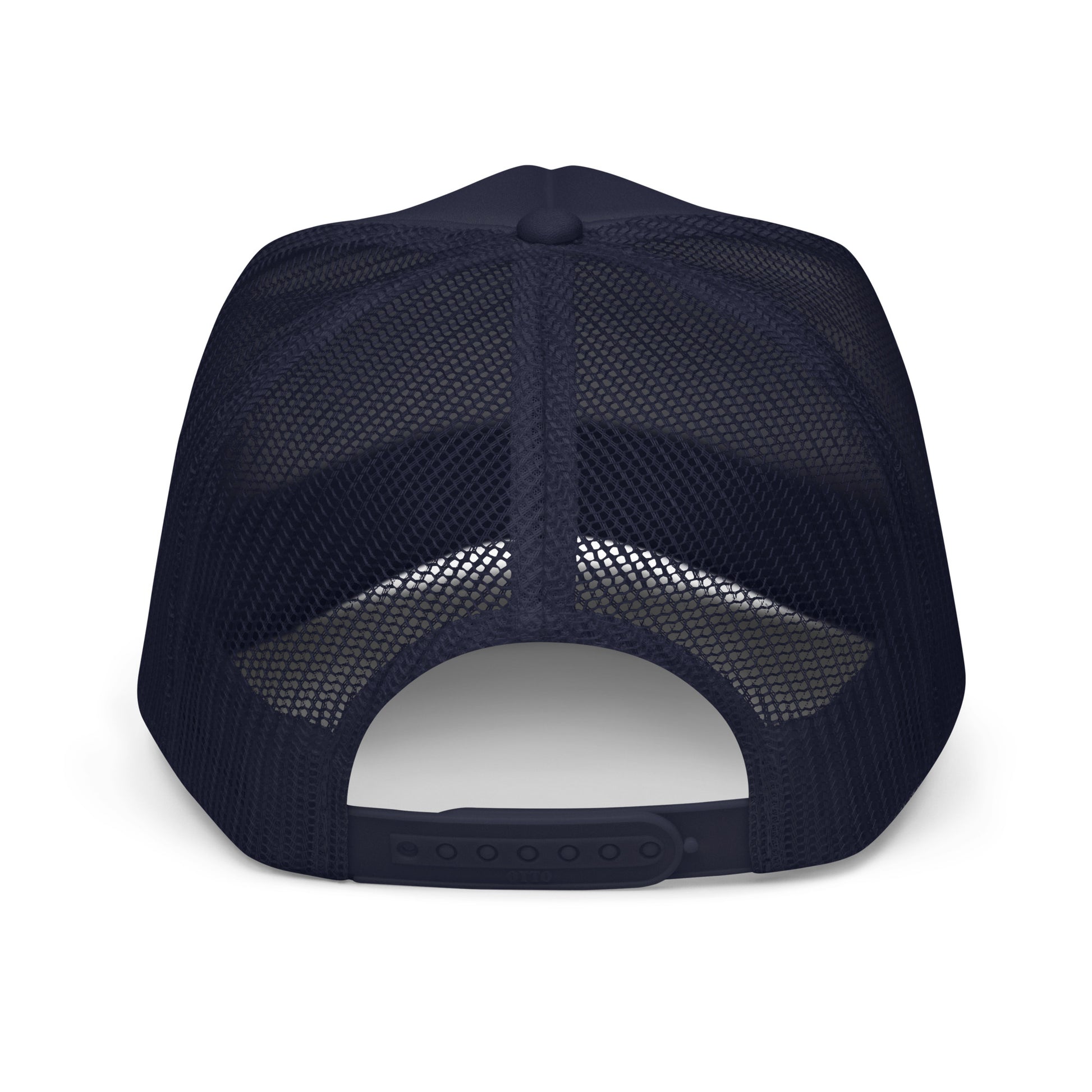 "Black Foam Trucker Hat with Baby Blue NC State Shape Design - This stylish hat features a prominent baby blue outline of North Carolina, set against a classic black backdrop. Perfect for nature enthusiasts and North Carolina lovers, the hat offers a comfortable fit with its breathable foam and mesh construction. Available in multiple colors, this trucker hat combines fashion and state pride, making it an ideal accessory for outdoor adventures and casual outings."