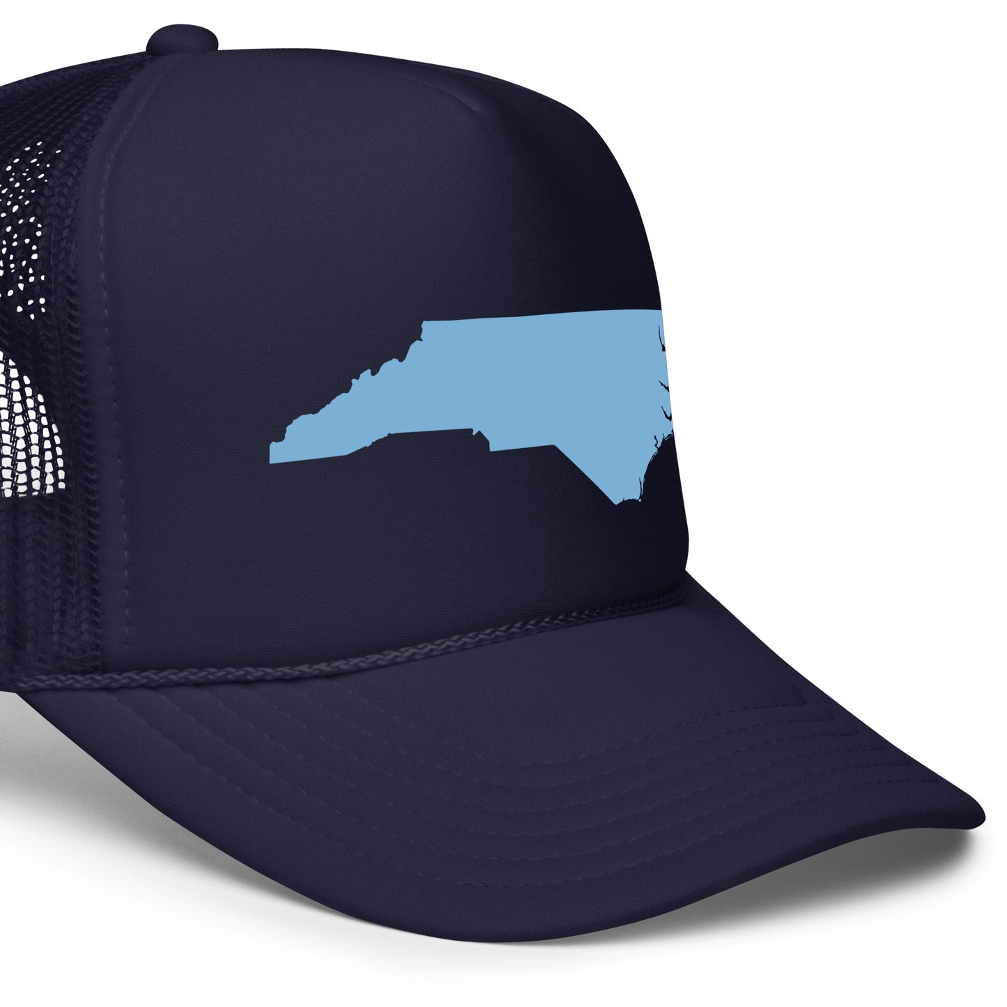 "Stylish Black Foam Trucker Hat Featuring Baby Blue NC State Shape Design - Perfect for Nature Enthusiasts and North Carolina Lovers, Available in Multiple Colors - Outdoor Adventure and State Pride Fashion Accessory"
