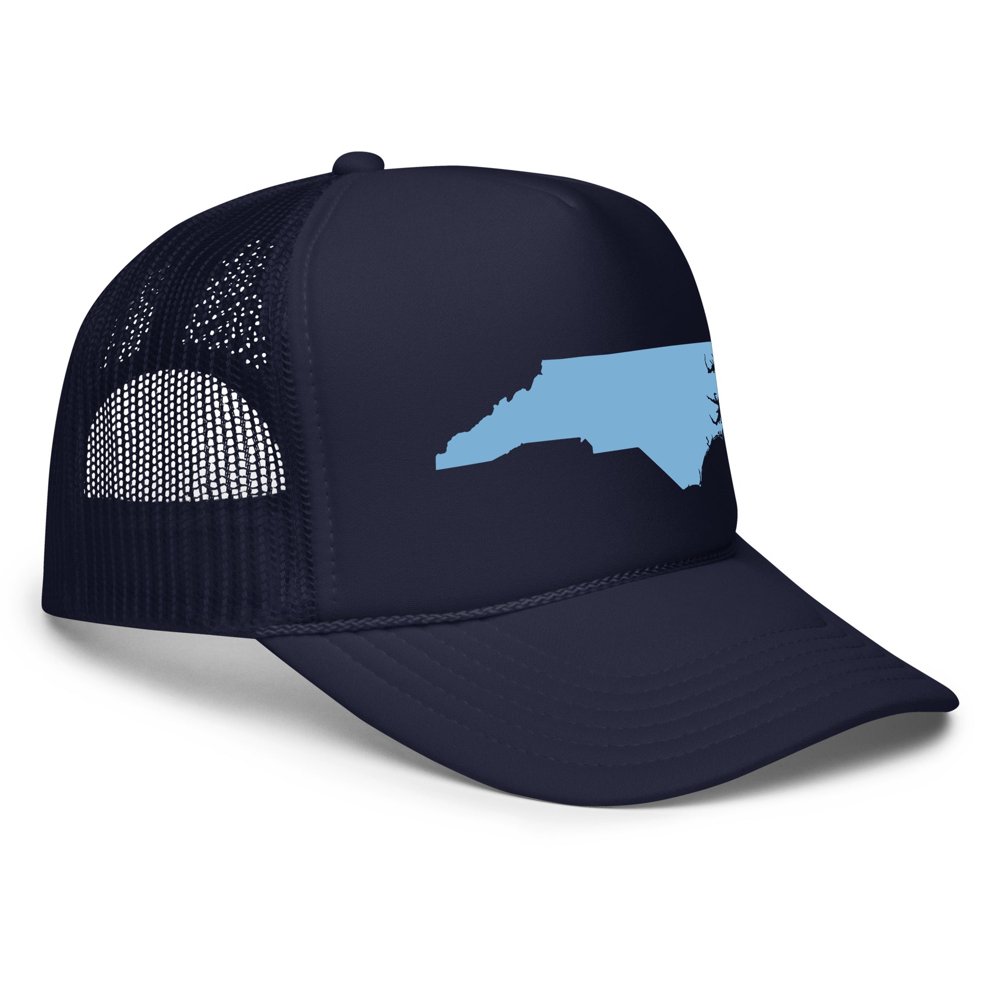 "Black Foam Trucker Hat with Baby Blue NC State Shape Design - This stylish trucker hat features a prominent baby blue silhouette of North Carolina, beautifully contrasted against a sleek black background. Perfect for outdoor enthusiasts and proud North Carolinians, the hat offers breathable mesh panels and an adjustable snapback closure for comfort and fit. Ideal for showing state pride during hikes, beach outings, or casual wear, this hat combines functionality with a nature-inspired design."