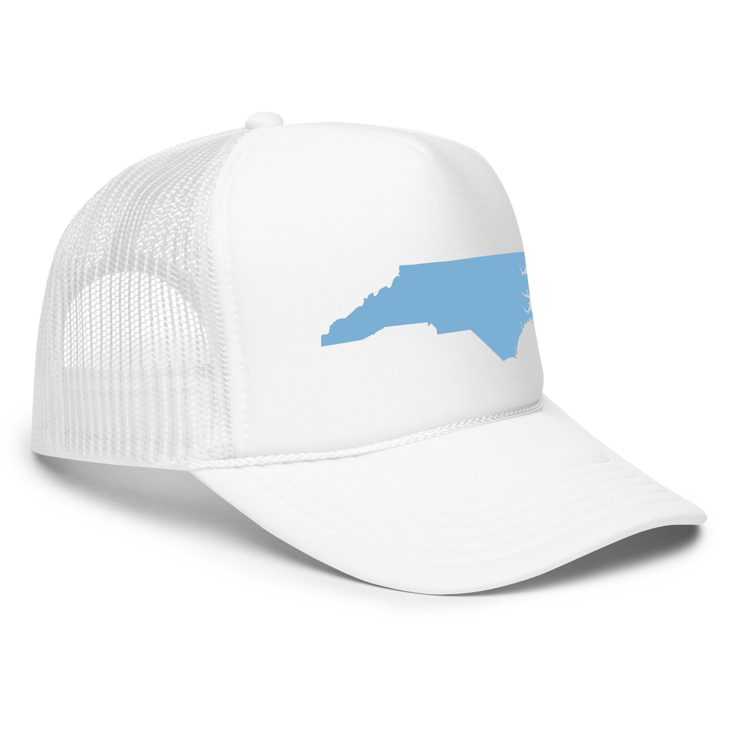 Image of the 'Baby Blue NC State Shape – Foam Trucker Hat (Multiple Colors)' shirt in Black. This stylish shirt features a unique design showcasing the outline of North Carolina in a soft baby blue hue, perfect for those who love the state or its natural beauty. The shirt's black fabric provides a sleek and versatile backdrop, making the baby blue state shape pop. Ideal for outdoor adventures or casual outings, this shirt is a must-have for North Carolina enthusiasts and nature lovers alike.