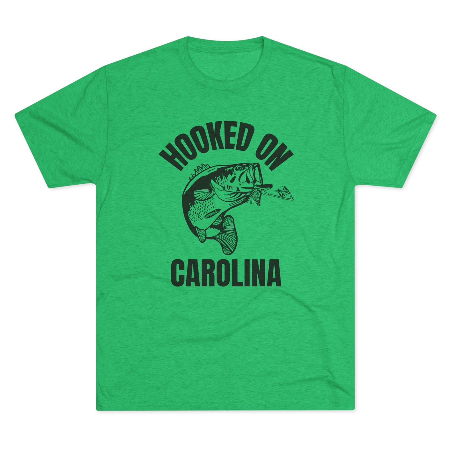 Green t-shirt with bold black text reading “Hooked on Carolina” and a graphic of a bass fish striking a lure.