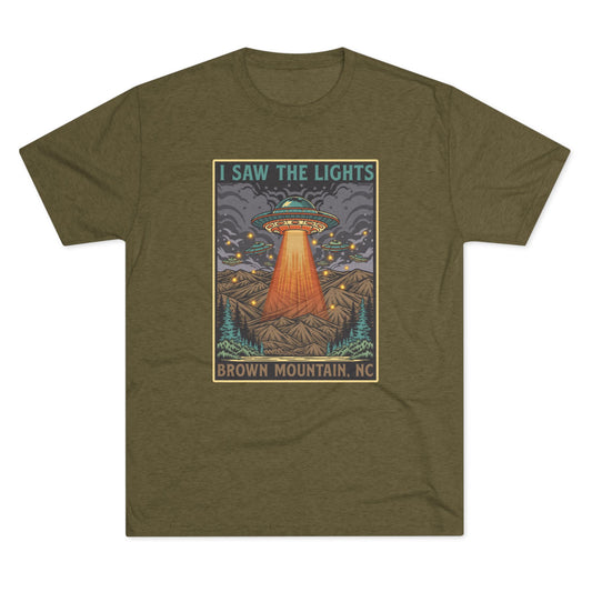 Military green t-shirt with UFO beaming light over Brown Mountain, NC.
