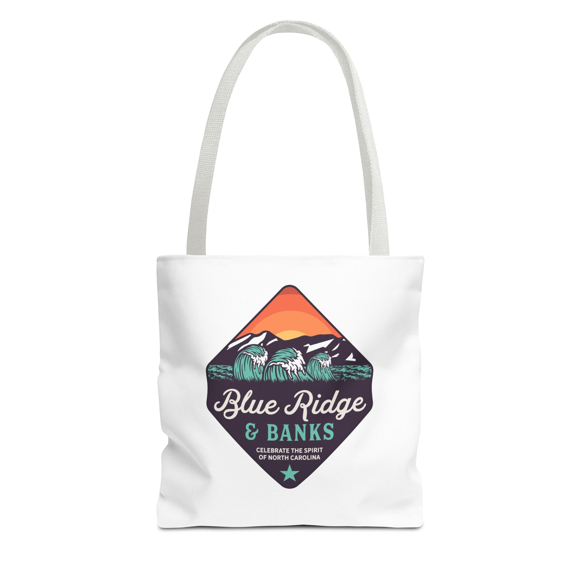 Front view of Blue Ridge & Banks tote bag with North Carolina mountain and coast logo