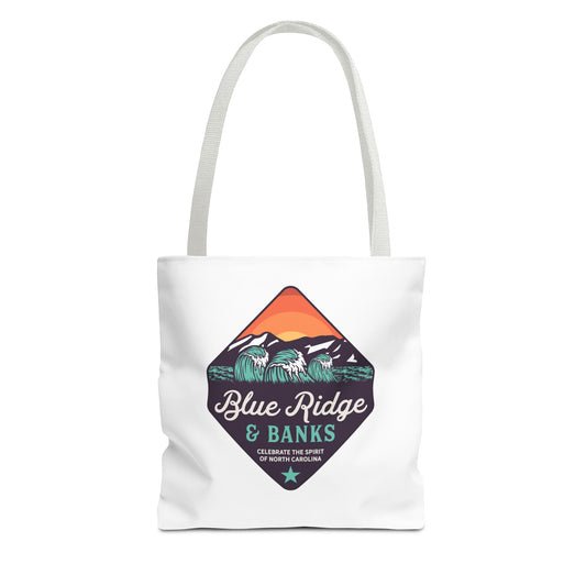 Front view of Blue Ridge & Banks tote bag with North Carolina mountain and coast logo