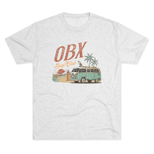 Gray t-shirt with a retro OBX Surf Club design featuring a green van, surfboards, and palm trees.