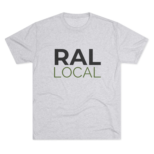 RAL Local minimalist t-shirt in heather white with black and green text, laid flat on white background