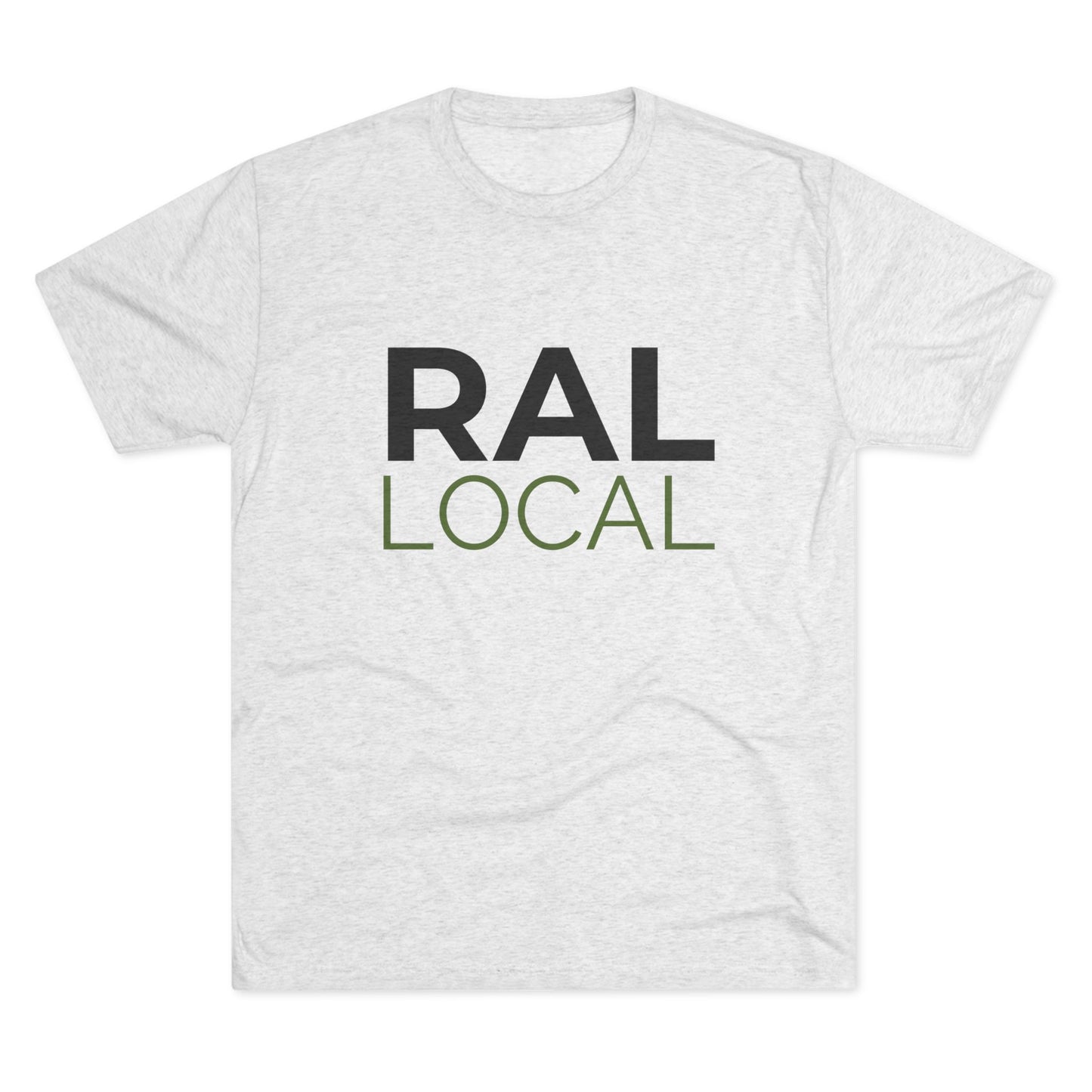 RAL Local design shown on heather white unisex tee with soft lighting and natural fabric wrinkles