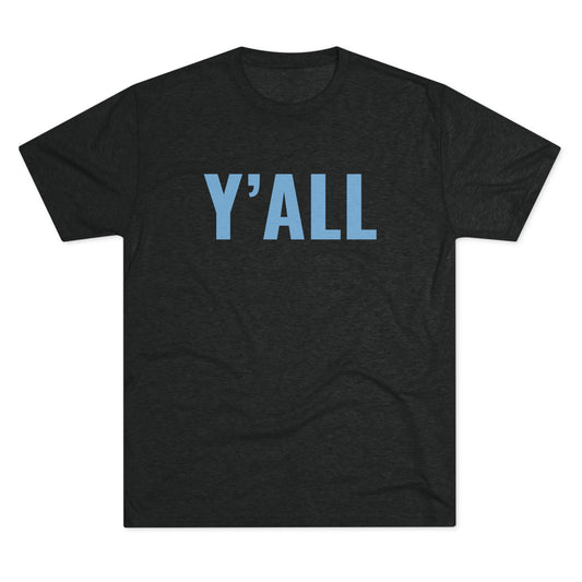 Unisex dark charcoal t-shirt with bold Y'ALL text in Carolina blue